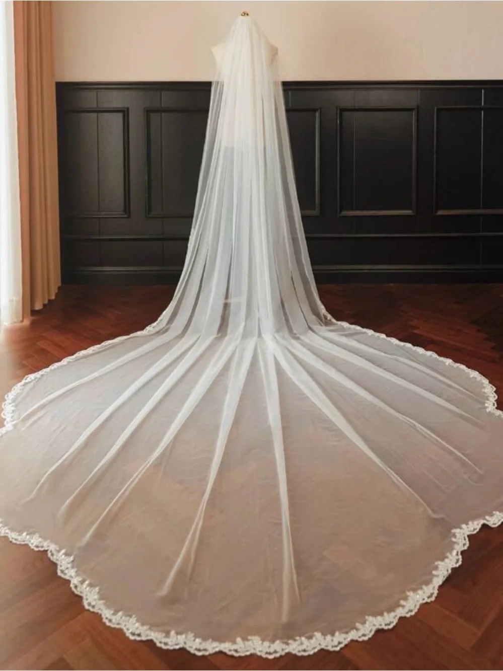 Delicate White Lace-Edged Bridal Veil - Classic Long Cathedral Style